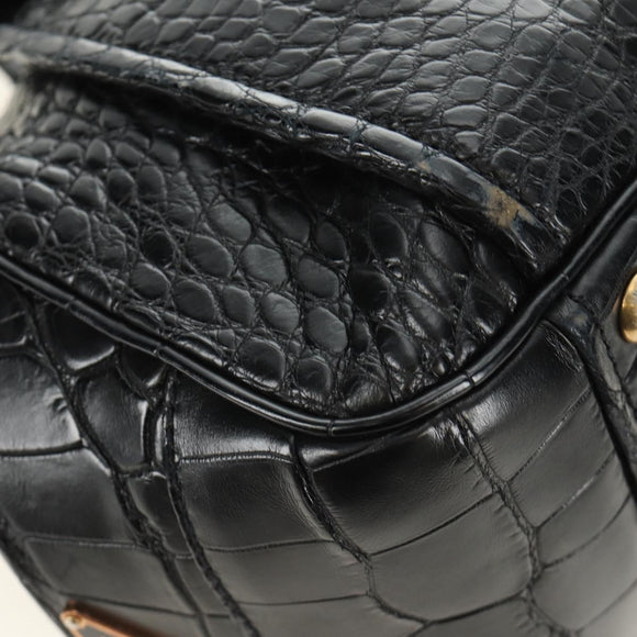 PRADA Hand Bag Leather Croco Embossed Black Gold Auth 185588V