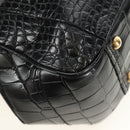 PRADA Hand Bag Leather Croco Embossed Black Gold Auth 185588V-16