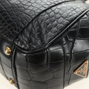 PRADA Hand Bag Leather Croco Embossed Black Gold Auth 185588V-17