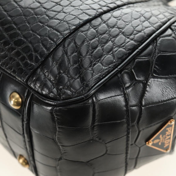PRADA Hand Bag Leather Croco Embossed Black Gold Auth 185588V