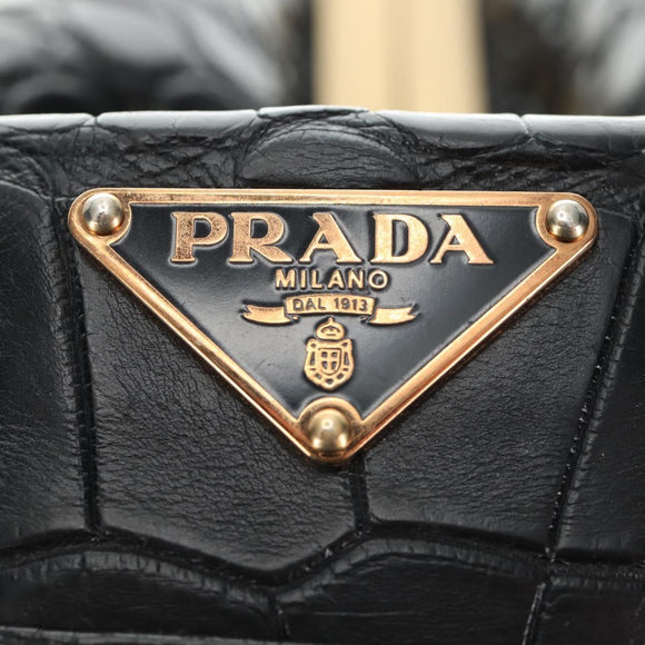 PRADA Hand Bag Leather Croco Embossed Black Gold Auth 185588V