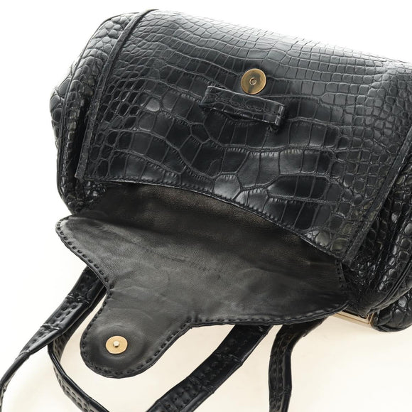 PRADA Hand Bag Leather Croco Embossed Black Gold Auth 185588V
