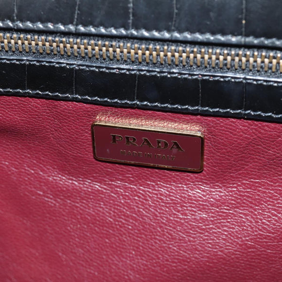 PRADA Hand Bag Leather Croco Embossed Black Gold Auth 185588V