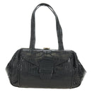 PRADA Hand Bag Leather Croco Embossed Black Gold Auth 185588V-13