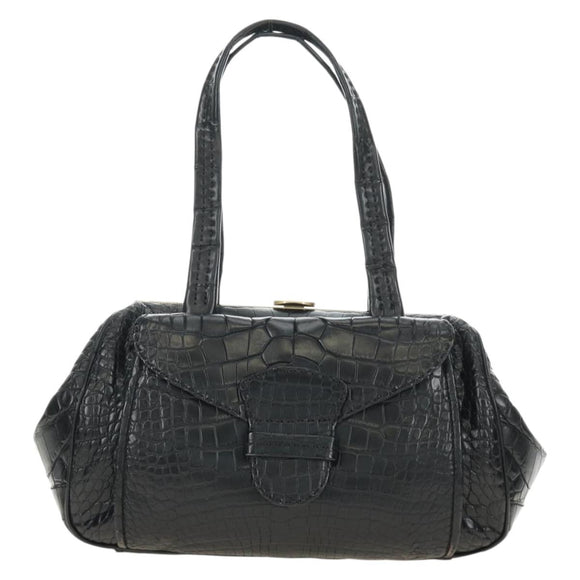 PRADA Hand Bag Leather Croco Embossed Black Gold Auth 185588V
