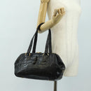PRADA Hand Bag Leather Croco Embossed Black Gold Auth 185588V-28