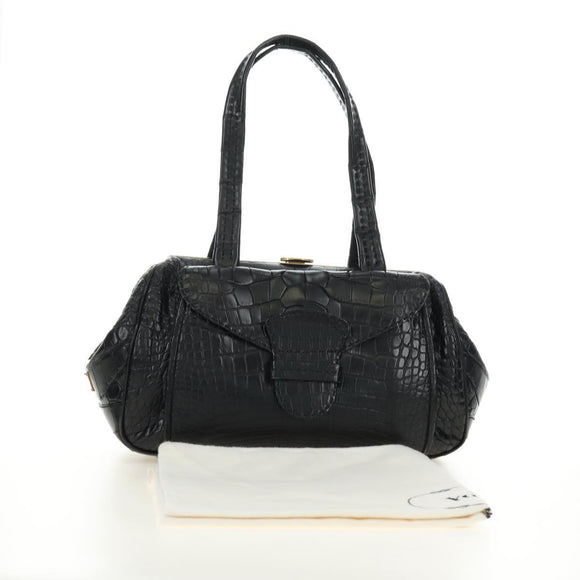 PRADA Hand Bag Leather Croco Embossed Black Gold Auth 185588V
