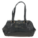 PRADA Hand Bag Leather Croco Embossed Black Gold Auth 185588V-2