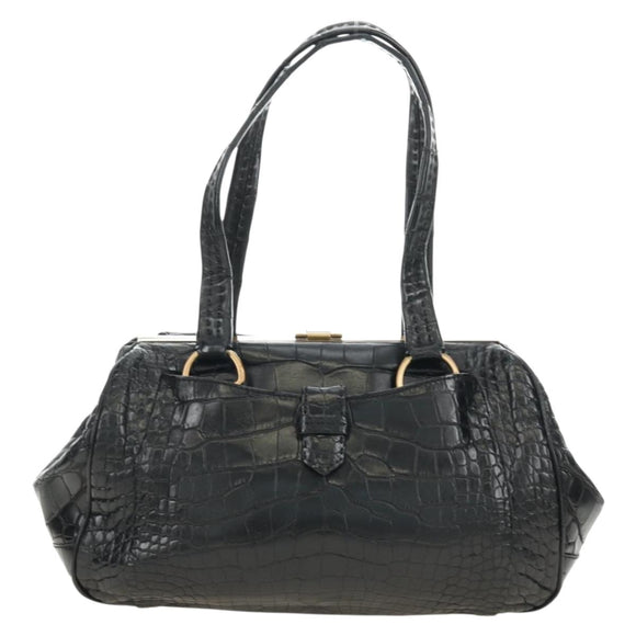 PRADA Hand Bag Leather Croco Embossed Black Gold Auth 185588V