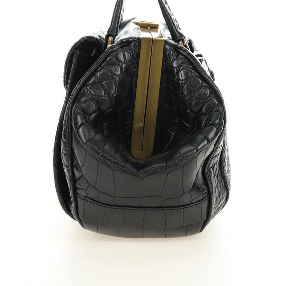 PRADA Hand Bag Leather Croco Embossed Black Gold Auth 185588V