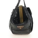 PRADA Hand Bag Leather Croco Embossed Black Gold Auth 185588V-4