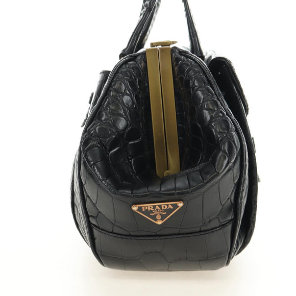 PRADA Hand Bag Leather Croco Embossed Black Gold Auth 185588V