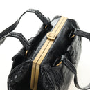 PRADA Hand Bag Leather Croco Embossed Black Gold Auth 185588V-6