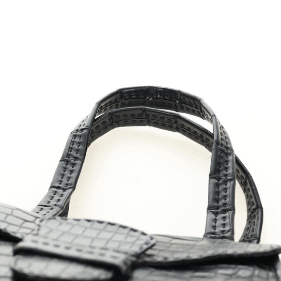 PRADA Hand Bag Leather Croco Embossed Black Gold Auth 185588V