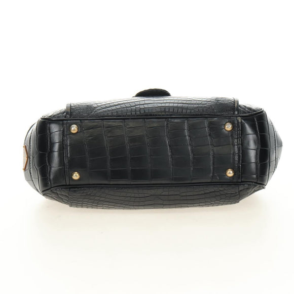PRADA Hand Bag Leather Croco Embossed Black Gold Auth 185588V