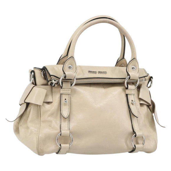 Miu Miu Hand Bag Leather 2way Beige Silver Auth 185589A