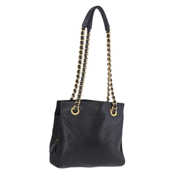 PRADA Chain Shoulder Bag Leather Black Gold Auth 185597A