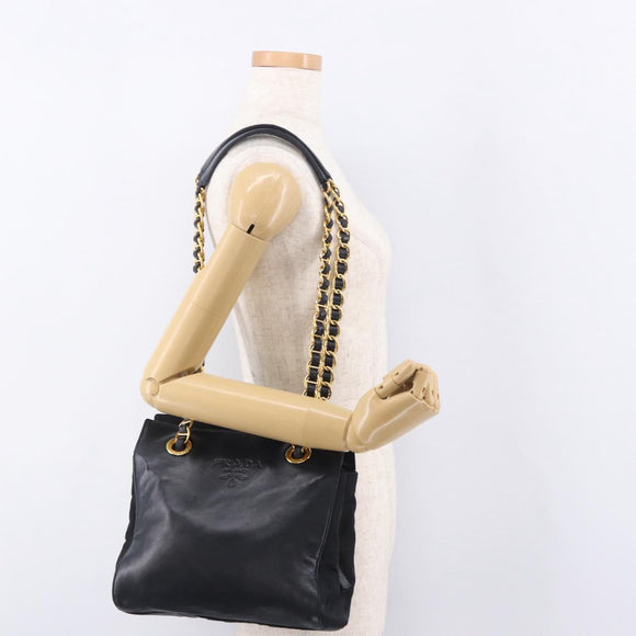 PRADA Chain Shoulder Bag Leather Black Gold Auth 185597A