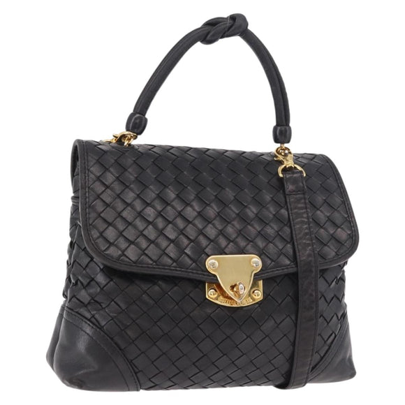 BOTTEGA VENETA INTRECCIATO Hand Bag Leather 2way Black Gold Auth 185602A
