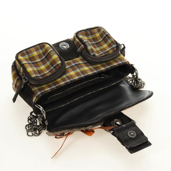 PRADA Chain Shoulder Bag Canvas Brown Silver Auth 185603SM