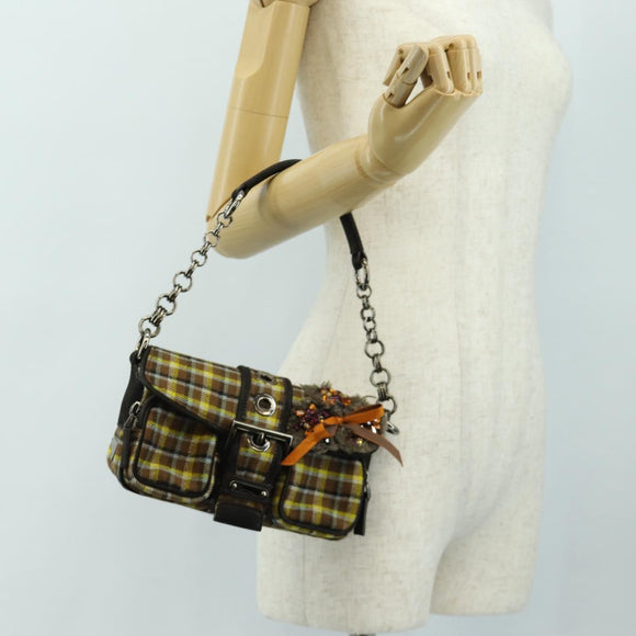 PRADA Chain Shoulder Bag Canvas Brown Silver Auth 185603SM
