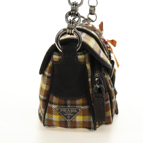 PRADA Chain Shoulder Bag Canvas Brown Silver Auth 185603SM