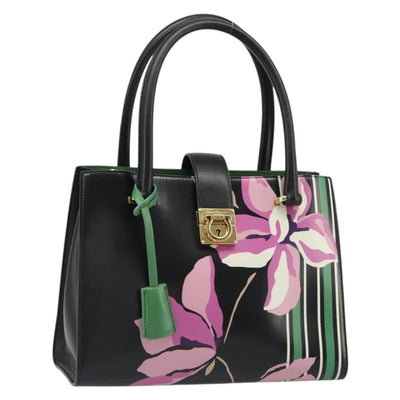 Salvatore Ferragamo Gancini Hand Bag Leather Black Gold Auth 185609A