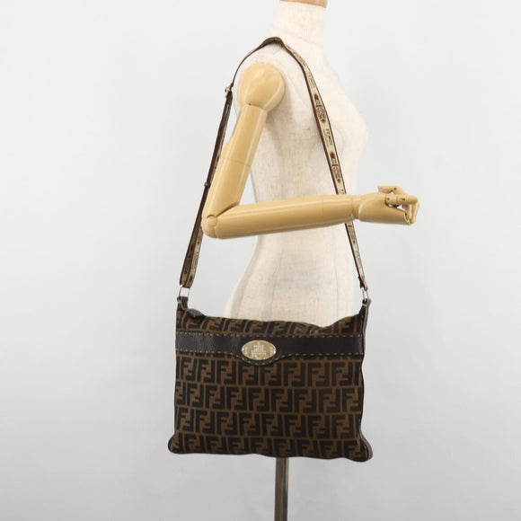 FENDI Zucca Canvas Shoulder Bag Black Brown Auth 185617A