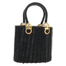 Salvatore Ferragamo Gancini Straw Hand Bag Rattan Black Gold Auth 185618V-1