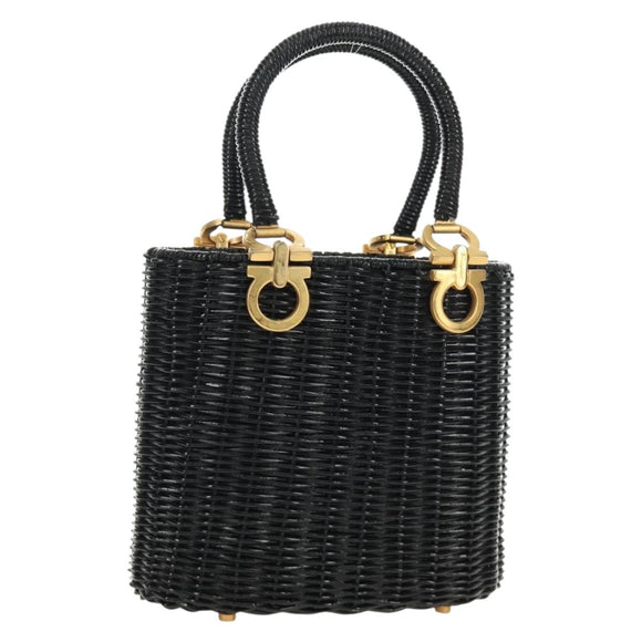 Salvatore Ferragamo Gancini Straw Hand Bag Rattan Black Gold Auth 185618V
