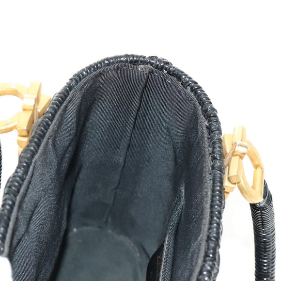 Salvatore Ferragamo Gancini Straw Hand Bag Rattan Black Gold Auth 185618V