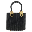 Salvatore Ferragamo Gancini Straw Hand Bag Rattan Black Gold Auth 185618V-2