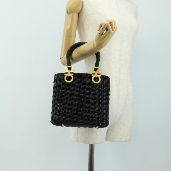 Salvatore Ferragamo Gancini Straw Hand Bag Rattan Black Gold Auth 185618V