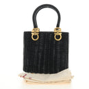 Salvatore Ferragamo Gancini Straw Hand Bag Rattan Black Gold Auth 185618V-21