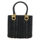 Salvatore Ferragamo Gancini Straw Hand Bag Rattan Black Gold Auth 185618V-3