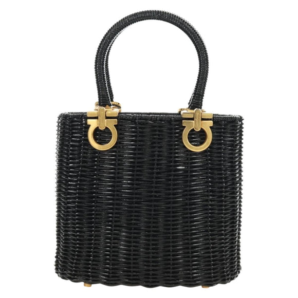 Salvatore Ferragamo Gancini Straw Hand Bag Rattan Black Gold Auth 185618V