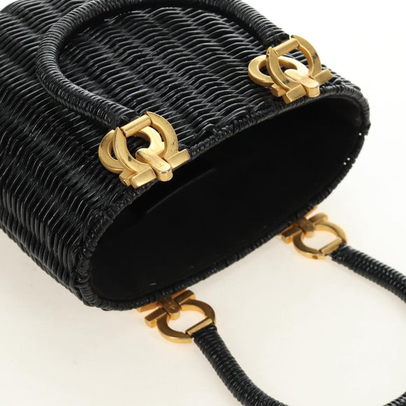 Salvatore Ferragamo Gancini Straw Hand Bag Rattan Black Gold Auth 185618V