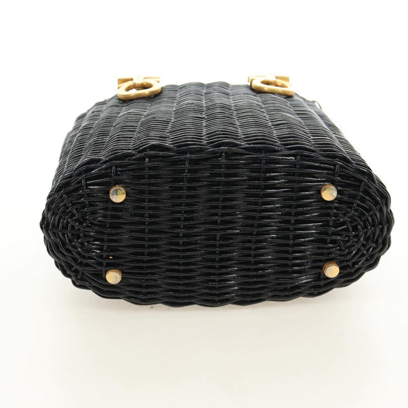 Salvatore Ferragamo Gancini Straw Hand Bag Rattan Black Gold Auth 185618V