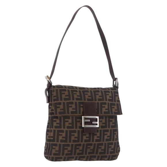 FENDI Zucca Canvas Mamma Baguette Shoulder Bag Black Brown Auth 185621A