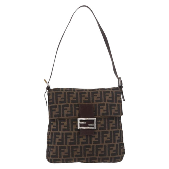 FENDI Zucca Canvas Mamma Baguette Shoulder Bag Black Brown Auth 185621A