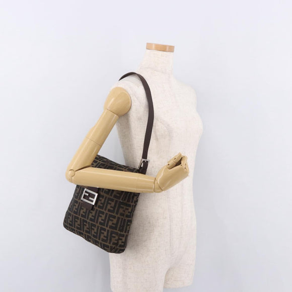 FENDI Zucca Canvas Mamma Baguette Shoulder Bag Black Brown Auth 185621A