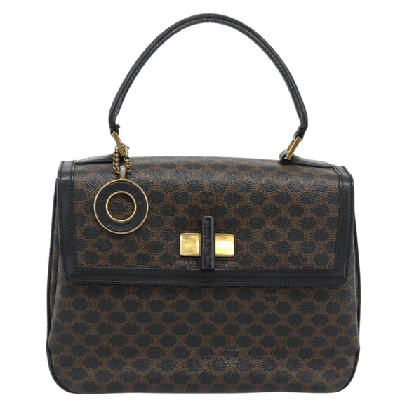 CELINE Macadam Canvas Circle Hand Bag PVC Leather Black Gold Auth 185653A