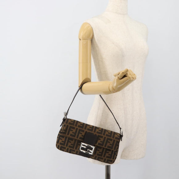 FENDI Zucca Canvas Mamma Baguette Shoulder Bag Black Brown Auth 185659SAM