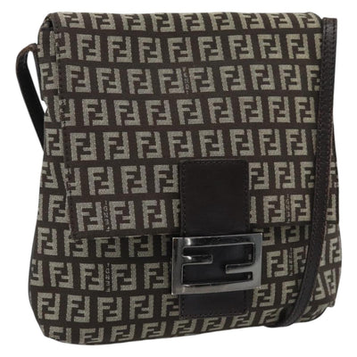 FENDI Zucchino Canvas Shoulder Bag Brown Silver Auth 185660