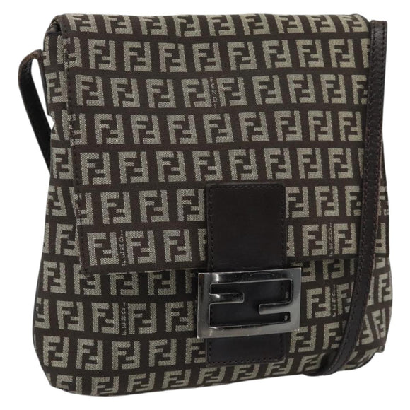 FENDI Zucchino Canvas Shoulder Bag Brown Silver Auth 185660