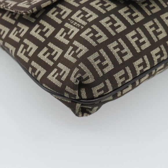 FENDI Zucchino Canvas Shoulder Bag Brown Silver Auth 185660