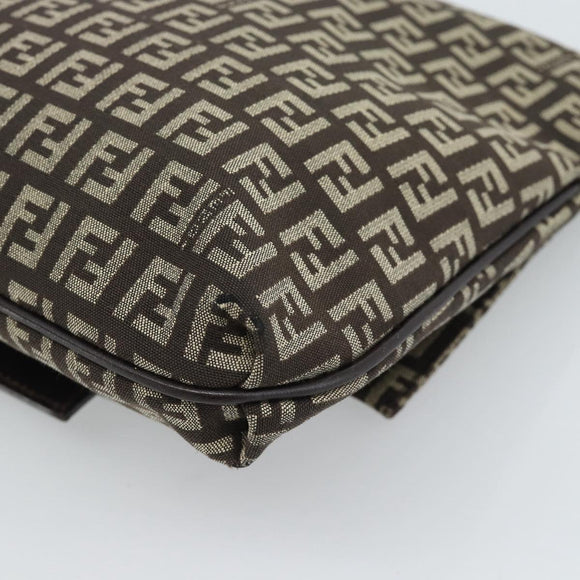 FENDI Zucchino Canvas Shoulder Bag Brown Silver Auth 185660