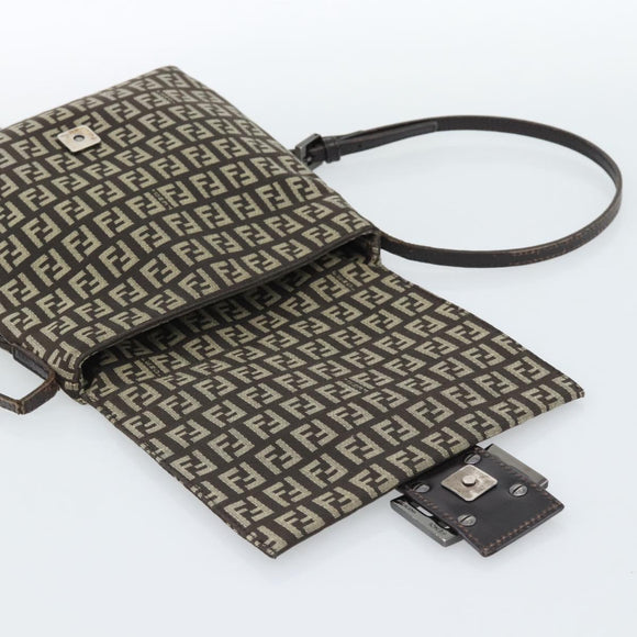 FENDI Zucchino Canvas Shoulder Bag Brown Silver Auth 185660
