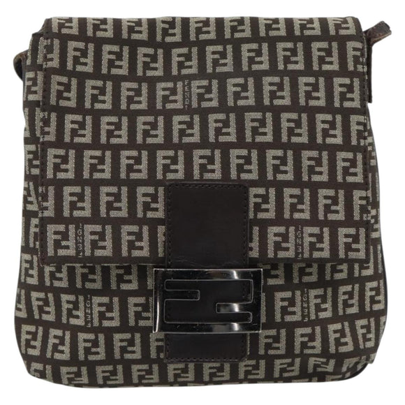 FENDI Zucchino Canvas Shoulder Bag Brown Silver Auth 185660