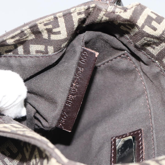 FENDI Zucchino Canvas Shoulder Bag Brown Silver Auth 185660